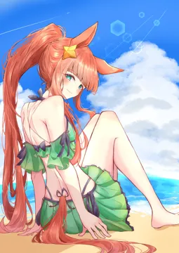 1girl animal_ears back bare_shoulders barefoot beach bikini blue_sky blunt_bangs blush breasts cloud contrail cumulonimbus_cloud day frilled_bikini frills green_bikini green_eyes green_skirt hair_ornament halterneck horse_ears horse_girl horse_tail knees_together_feet_apart knees_up legs lens_flare long_hair looking_at_viewer looking_back ocean orange_hair orange_tail outdoors panty_straps pleated_skirt ponytail shoulder_blades sidelocks sitting skirt sky small_breasts smile solo star__symbol star_hair_ornament swimsuit tail underwear very_long_hair amaxa umamusume silence_suzuka__umamusume