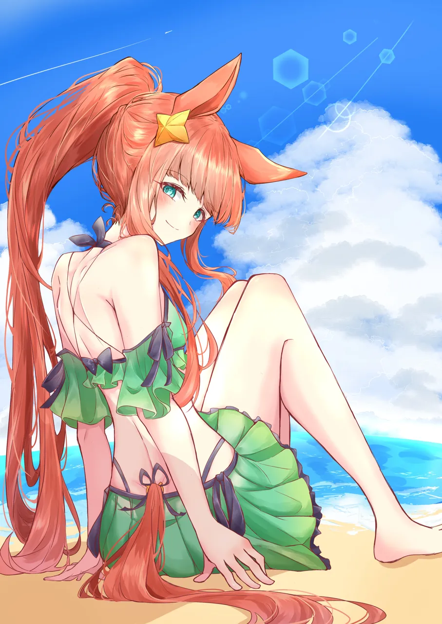 1girl animal_ears back bare_shoulders barefoot beach bikini blue_sky blunt_bangs blush breasts cloud contrail cumulonimbus_cloud day frilled_bikini frills green_bikini green_eyes green_skirt hair_ornament halterneck horse_ears horse_girl horse_tail knees_together_feet_apart knees_up legs lens_flare long_hair looking_at_viewer looking_back ocean orange_hair orange_tail outdoors panty_straps pleated_skirt ponytail shoulder_blades sidelocks sitting skirt sky small_breasts smile solo star__symbol star_hair_ornament swimsuit tail underwear very_long_hair amaxa umamusume silence_suzuka__umamusume