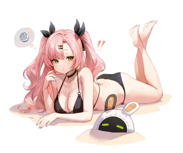 1girl ass bangboo__zenless_zone_zero bare_shoulders barefoot bikini black_bikini black_choker blue_nails breasts choker collarbone feet feet_up fingernails green_eyes halterneck long_hair looking_at_viewer lying mole mole_on_breast mole_under_eye multicolored_nails nail_polish o_ring o_ring_bikini o_ring_top on_stomach pink_hair pink_nails small_sweatdrop soles solo string_bikini swimsuit the_pose toes twintails very_long_hair wet adelie_cat zenless_zone_zero eous__zenless_zone_zero nicole_demara__zenless_zone_zero