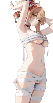 1girl armpits arms_up bandages blonde_hair breasts chest_sarashi choker hair_between_eyes hair_ornament looking_at_viewer medium_breasts medium_hair naked_bandage navel parted_lips ponytail red_choker sarashi simple_background skindentation solo stomach thighs underboob white_background yellow_eyes leviathan__hikinito0902 genshin_impact yoimiya__genshin_impact