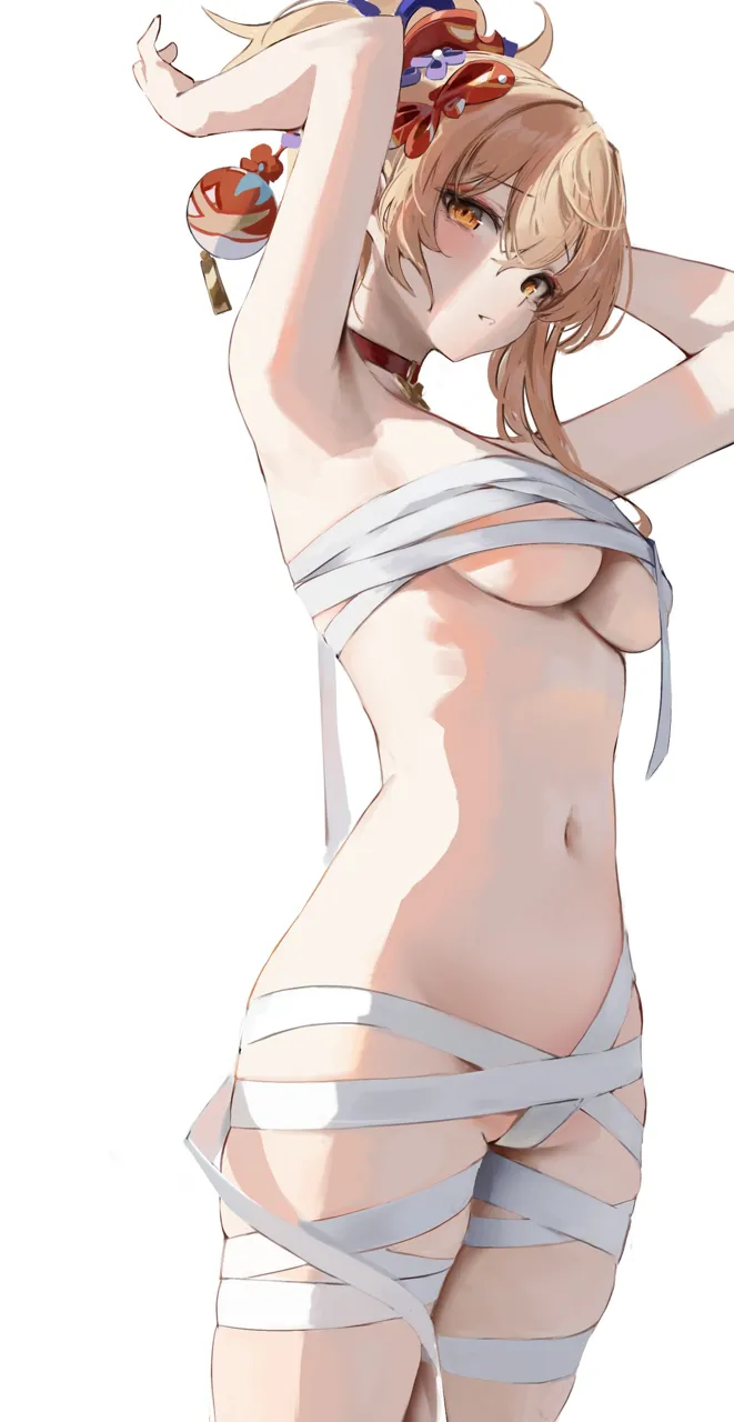 1girl armpits arms_up bandages blonde_hair breasts chest_sarashi choker hair_between_eyes hair_ornament looking_at_viewer medium_breasts medium_hair naked_bandage navel parted_lips ponytail red_choker sarashi simple_background skindentation solo stomach thighs underboob white_background yellow_eyes leviathan__hikinito0902 genshin_impact yoimiya__genshin_impact
