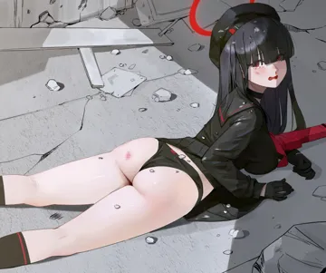 1girl ass beret black_choker black_gloves black_hair black_hat black_panties black_serafuku black_skirt blood blush choker feet_out_of_frame gloves gun hair_over_eyes halo hat kneepits long_hair long_sleeves looking_at_viewer nosebleed open_mouth panties pleated_skirt red_eyes red_halo school_uniform serafuku skirt solo thighs underwear weapon midfinger blue_archive justice_task_force_member__blue_archive