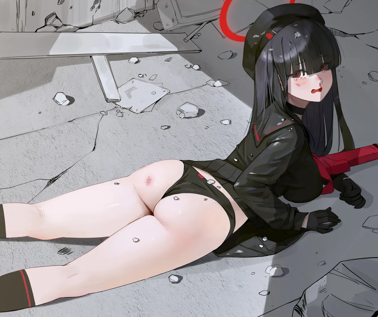 1girl ass beret black_choker black_gloves black_hair black_hat black_panties black_serafuku black_skirt blood blush choker feet_out_of_frame gloves gun hair_over_eyes halo hat kneepits long_hair long_sleeves looking_at_viewer nosebleed open_mouth panties pleated_skirt red_eyes red_halo school_uniform serafuku skirt solo thighs underwear weapon midfinger blue_archive justice_task_force_member__blue_archive