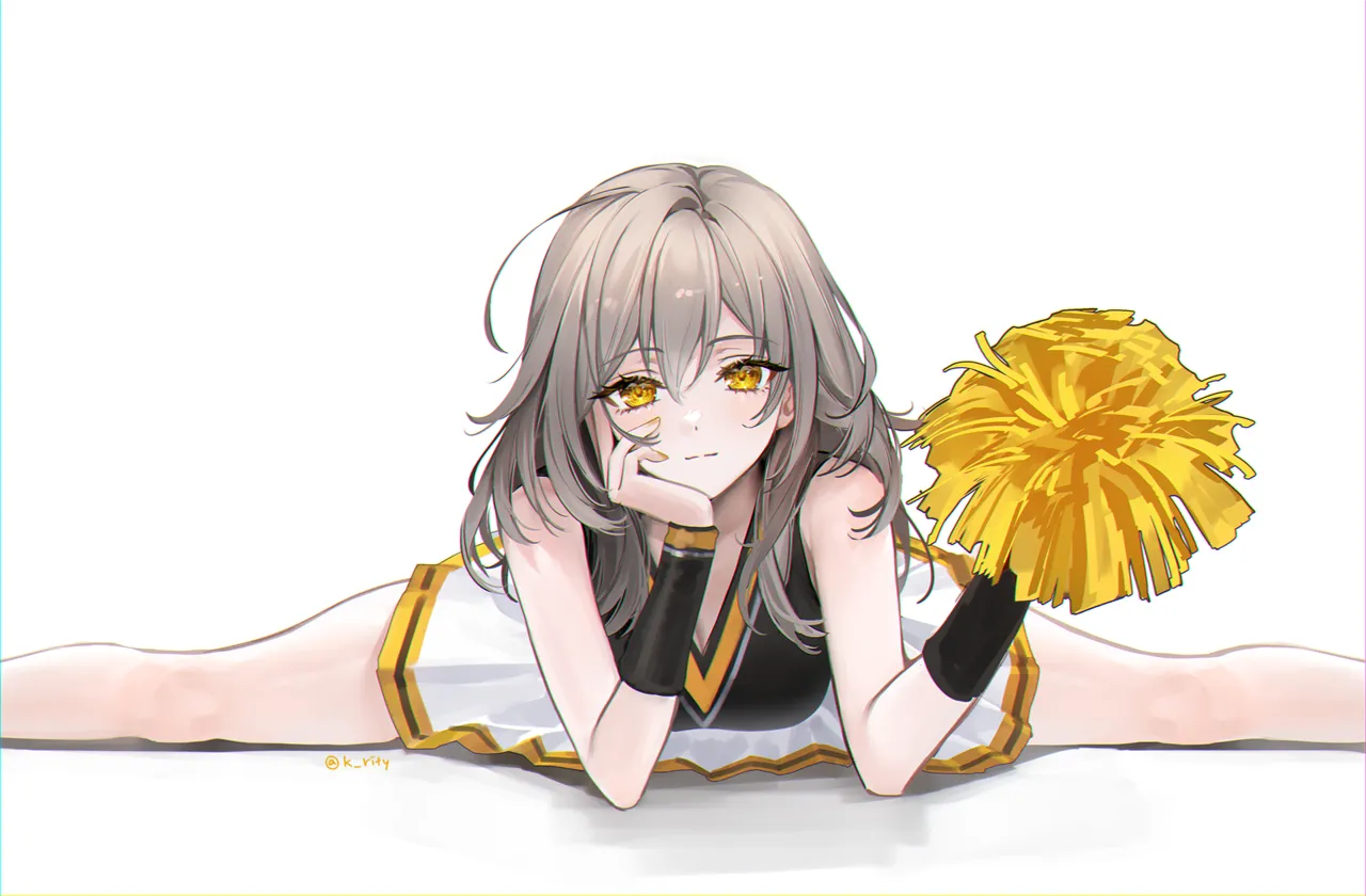 1girl ahoge alternate_costume bare_legs bare_shoulders black_shirt cheerleader elbow_rest feet_out_of_frame flexible grey_hair hand_on_own_face hands_up head_on_hand head_rest holding holding_pom_poms honkai__series honkai__star_rail leaning_forward long_hair looking_at_viewer miniskirt pom_pom__cheerleading rity shirt side_sitting_split simple_background sitting_split skirt sleeveless sleeveless_shirt solo split stelle__honkai__star_rail trailblazer__honkai__star_rail v_neck white_background white_skirt yellow_eyes