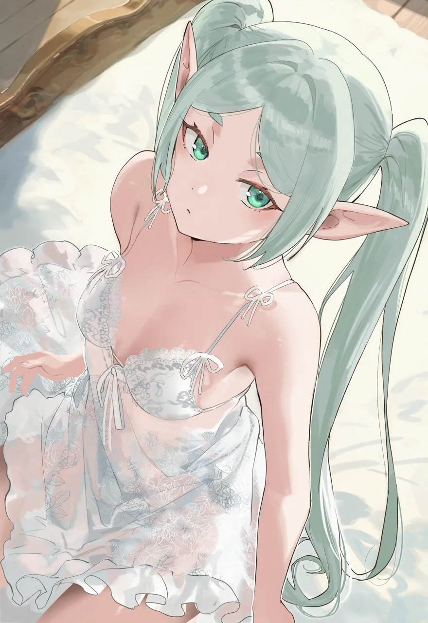 1girl babydoll breasts collarbone elf frieren green_eyes grey_hair lingerie long_hair looking_at_viewer pointy_ears salmon88 sitting small_breasts solo sousou_no_frieren twintails underwear very_long_hair white_babydoll