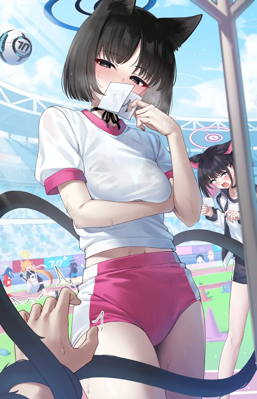 1other 6_girls alternate_costume animal_ear_fluff animal_ear_headwear animal_ears arm_under_breasts black_bra black_eyes black_hair black_ribbon blue_halo blush borrowing_race bra bra_visible_through_clothes breasts buruma cat_ears cat_girl cat_tail colored_inner_hair covering_own_mouth cowboy_shot day extra_ears gym_shorts gym_uniform hair_ornament halo heart heart_tail jacket long_hair looking_at_viewer midriff multicolored_hair multiple_girls multiple_tails navel neck_ribbon orange_hair outdoors pink_buruma pink_hair pov pov_hands red_eyes ribbon sailor_collar school_uniform see_through_clothes see_through_shirt shirt short_hair short_sleeves shorts solo_focus sports_festival sweat tail tail_around_arm two_tone_hair two_tails underwear white_shirt wide_eyed yellow_halo pizza__pizzania_company blue_archive kazusa__blue_archive kikyou__blue_archive mari__blue_archive mari__track__blue_archive yuuka__blue_archive yuuka__track__blue_archive