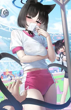 1other 6_girls alternate_costume animal_ear_fluff animal_ear_headwear animal_ears arm_under_breasts black_bra black_eyes black_hair black_ribbon blue_halo blush borrowing_race bra bra_visible_through_clothes breasts buruma cat_ears cat_girl cat_tail colored_inner_hair covering_own_mouth cowboy_shot day extra_ears gym_shorts gym_uniform hair_ornament halo heart heart_tail jacket long_hair looking_at_viewer midriff multicolored_hair multiple_girls multiple_tails navel neck_ribbon orange_hair outdoors pink_buruma pink_hair pov pov_hands red_eyes ribbon sailor_collar school_uniform see_through_clothes see_through_shirt shirt short_hair short_sleeves shorts solo_focus sports_festival sweat tail tail_around_arm two_tone_hair two_tails underwear white_shirt wide_eyed yellow_halo pizza__pizzania_company blue_archive kazusa__blue_archive kikyou__blue_archive mari__blue_archive mari__track__blue_archive yuuka__blue_archive yuuka__track__blue_archive