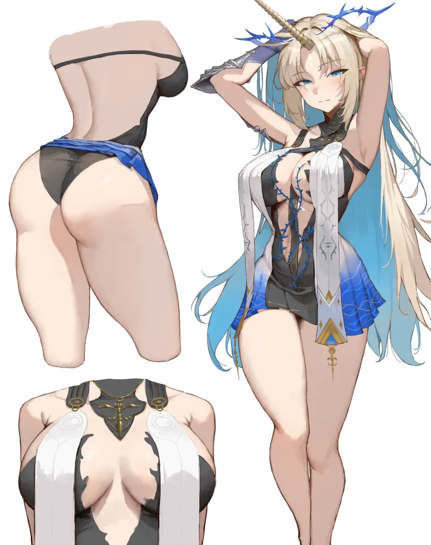 1girl armpits arms_up ass bare_legs black_collar black_dress blonde_hair blue_hair blush breasts breasts_apart closed_mouth collar colored_inner_hair crown_of_thorns dress hands_in_own_hair horns jewelry large_breasts legs long_hair long_horns looking_at_viewer median_furrow multicolored_hair multiple_views necklace parted_bangs pointy_ears sidelocks simple_background single_horn tabard tacet_mark__wuthering_waves thighs very_long_hair white_background white_tabard yellow_horns sib__9obsl wuthering_waves fleurdelys__wuthering_waves