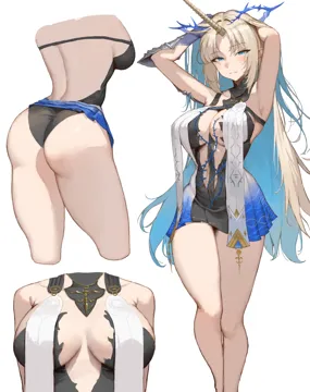 1girl armpits arms_up ass bare_legs black_collar black_dress blonde_hair blue_hair blush breasts breasts_apart closed_mouth collar colored_inner_hair crown_of_thorns dress hands_in_own_hair horns jewelry large_breasts legs long_hair long_horns looking_at_viewer median_furrow multicolored_hair multiple_views necklace parted_bangs pointy_ears sidelocks simple_background single_horn tabard tacet_mark__wuthering_waves thighs very_long_hair white_background white_tabard yellow_horns sib__9obsl wuthering_waves fleurdelys__wuthering_waves