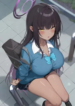 _o 1girl azuki_yui bag black_bag black_footwear black_hair black_skirt blue_archive blue_bow blue_bowtie blue_nails blue_sweater blush bow bowtie breasts collarbone collared_shirt dark_skin dark_skinned_female halo karin__blue_archive karin__school_uniform__blue_archive large_breasts long_hair pleated_skirt school_bag school_uniform shirt sitting skirt solo sweater tile_floor tiles very_long_hair white_shirt yellow_eyes