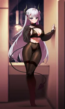 1girl ahoge black_bra black_panties blue_eyes borrowed_character bra breasts brown_pantyhose cable_knit cleavage closed_mouth demon_girl demon_horns demon_tail expressionless full_body hair_on_horn hand_on_own_chest hip_focus horns large_breasts long_hair long_sleeves looking_at_viewer narrow_waist navel panties panties_under_pantyhose pantyhose pink_hair pointy_ears purple_eyes sbgu see_through_clothes shrug__clothing sleeves_past_wrists solo standing stomach tail thea__nekojira thigh_gap thighband_pantyhose thighs tiptoes turtleneck underwear very_long_hair white_hair wide_hips