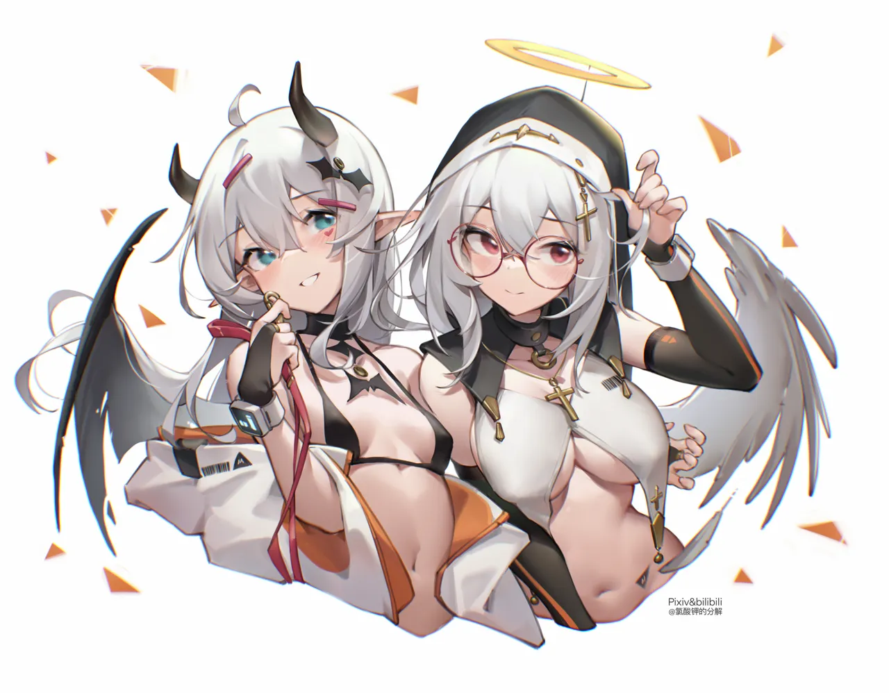 2girls angel_wings arm_around_waist bikini black_bikini blue_eyes breast_curtains breasts bridal_gauntlets closed_mouth cropped_torso cross_hair_ornament demon_horns demon_wings detached_sleeves feathers glasses habit hair_between_eyes hair_ornament halo holding horns jacket long_hair long_sleeves medium_breasts multiple_girls navel nun off_shoulder parted_lips pointy_ears red_eyes simple_background small_breasts smile stomach striped swimsuit upper_body white_background white_hair white_jacket wings bilibili_xiaolu