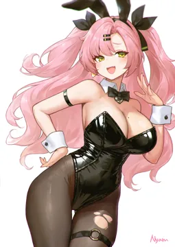 1girl animal_ears artist_name bare_shoulders black_bow black_bowtie black_pantyhose blush bow bowtie breasts cleavage cowboy_shot detached_collar fake_animal_ears fang green_eyes hair_ornament hairclip hand_on_own_hip hand_up large_breasts long_hair looking_at_viewer mole mole_on_breast mole_under_eye o_ring o_ring_thigh_strap open_mouth pantyhose parted_bangs pink_hair playboy_bunny simple_background skin_fang smile solo thigh_strap torn_clothes torn_pantyhose two_side_up white_background white_wrist_cuffs wrist_cuffs adelie_cat zenless_zone_zero nicole_demara__zenless_zone_zero