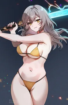1girl alternate_costume bare_arms bare_shoulders baseball_bat batting_stance bikini breasts cleavage closed_mouth cowboy_shot foxyreine grey_hair holding holding_baseball_bat holding_weapon honkai__series honkai__star_rail long_hair looking_at_viewer medium_breasts navel outstretched_arm smile solo stelle__honkai__star_rail stomach string_bikini swimsuit thighs trailblazer__honkai__star_rail underboob weapon yellow_bikini yellow_eyes