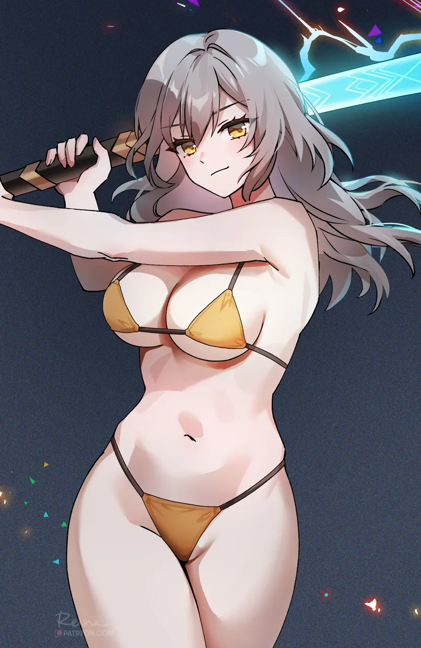 1girl alternate_costume bare_arms bare_shoulders baseball_bat batting_stance bikini breasts cleavage closed_mouth cowboy_shot foxyreine grey_hair holding holding_baseball_bat holding_weapon honkai__series honkai__star_rail long_hair looking_at_viewer medium_breasts navel outstretched_arm smile solo stelle__honkai__star_rail stomach string_bikini swimsuit thighs trailblazer__honkai__star_rail underboob weapon yellow_bikini yellow_eyes