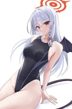 1girl alternate_costume arm_support bare_shoulders black_one_piece_swimsuit bow braid breasts closed_mouth competition_swimsuit demon_tail demon_wings grey_hair hair_bow halo long_hair looking_at_viewer medium_breasts one_piece_swimsuit pink_bow red_eyes red_halo side_braid simple_background single_braid single_wing sitting smile solo split_mouth swimsuit tail two_tone_swimsuit white_background wings nasol blue_archive haruna__blue_archive