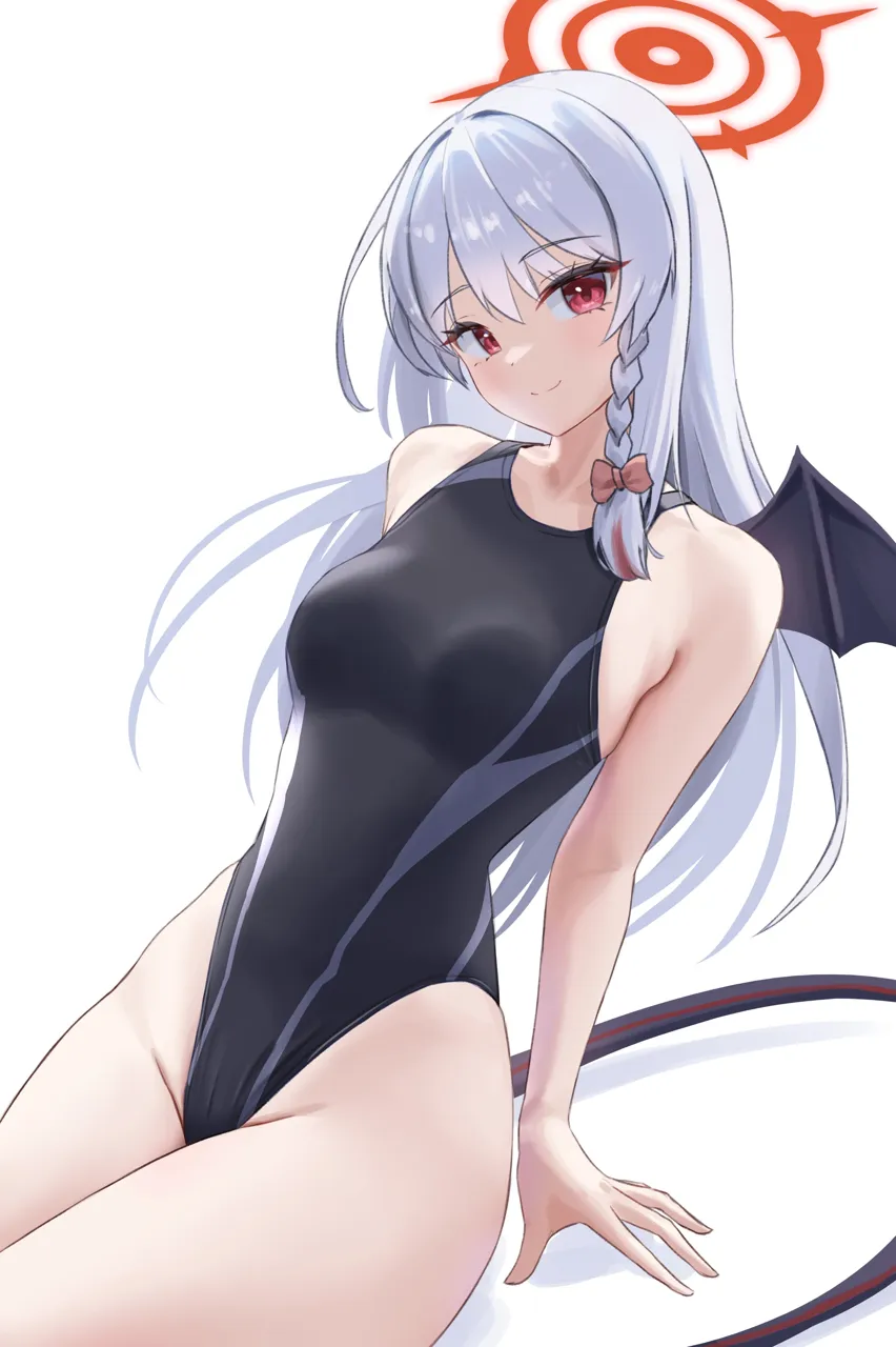 1girl alternate_costume arm_support bare_shoulders black_one_piece_swimsuit bow braid breasts closed_mouth competition_swimsuit demon_tail demon_wings grey_hair hair_bow halo long_hair looking_at_viewer medium_breasts one_piece_swimsuit pink_bow red_eyes red_halo side_braid simple_background single_braid single_wing sitting smile solo split_mouth swimsuit tail two_tone_swimsuit white_background wings nasol blue_archive haruna__blue_archive