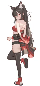 1girl animal_ear_fluff animal_ears ass back bare_shoulders black_choker black_hair black_jacket black_shorts black_thighhighs breasts choker closed_mouth crop_top cutoffs expressionless extra_ears from_behind half_updo halterneck jacket leg_up long_hair looking_at_viewer looking_back median_furrow medium_breasts micro_shorts midriff off_shoulder panty_straps pointy_ears red_eyes red_shirt red_shoes shirt shoes shorts simple_background skindentation solo standing standing_on_one_leg thighhighs thighs very_long_hair white_background sib__9obsl original podo__hrodvitnir