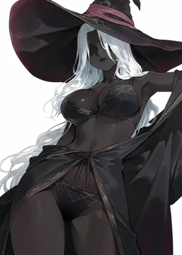 1girl black_panties black_skin breasts cleavage colored_skin dark_skinned_female dark_skin hair_between_eyes hat large_breasts large_hat long_hair navel panties solo underwear very_dark_skin white_hair witch witch_hat beruka__beruyon elden_ring elden_ring_nightreign recluse__elden_ring