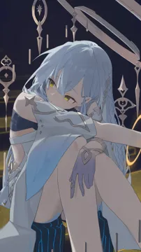1girl bare_shoulders braid colored_extremities detached_sleeves dress hair_between_eyes hair_ornament halo jewelry long_hair on_stairs purple_hands ring sitting sitting_on_stairs solo stairs very_long_hair white_dress white_hair yellow_eyes lupinu5 genshin_impact istaroth__genshin_impact