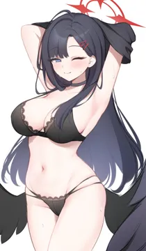 1girl armpits arms_up black_bra black_choker black_hair black_panties black_wings blue_archive blue_eyes bra breasts choker feathered_wings hair_ornament hairclip halo ichika__blue_archive large_breasts long_hair low_wings miko__royal_milk multi_strapped_panties navel one_eye_closed panties red_halo simple_background solo stomach underwear unusually_open_eyes white_background wings