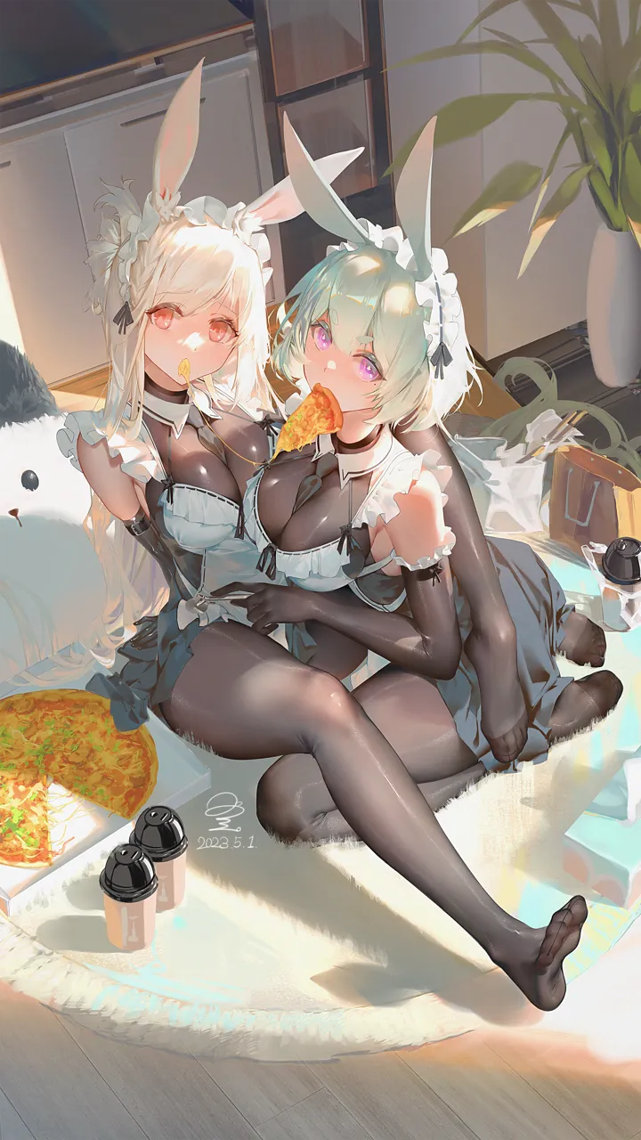 2girls animal_ear_fluff animal_ears apron belt between_breasts black_gloves bodystocking breasts bubble_tea carpet cheese cup dated detached_collar disposable_cup eating elbow_gloves feet food frilled_apron frills gloves grey_hair holding holding_food holding_pizza indoors legs long_hair looking_at_viewer maid maid_apron maid_headdress mole mole_under_eye multiple_girls necktie necktie_between_breasts no_shoes pantyhose pink_eyes pizza pizza_slice purple_eyes rabbit_ears red_eyes sharing_food short_hair signature soles toes turtleneck yuri ribao