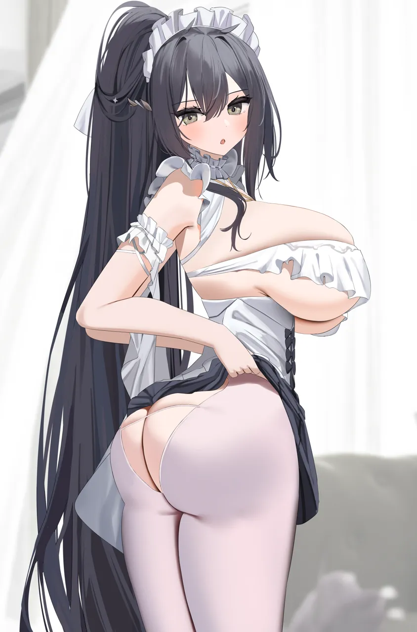 _o 1girl ass ass_cutout azur_lane black_hair breasts clothes_lift clothing_cutout covered_nipples frills green_eyes indomitable__azur_lane indomitable__ms__motivationless_maid__azur_lane large_breasts long_hair looking_at_viewer maid nicorima official_alternate_costume pantyhose ponytail skin_tight skirt skirt_lift solo very_long_hair white_pantyhose