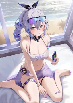 1girl adapted_costume alternate_costume armpit_crease badge bandaid bandaid_on_knee bandaid_on_leg bare_legs bare_shoulders barefoot beach between_legs bikini black_bikini black_collar blue_tinted_eyewear blush bow breasts button_badge cleavage collar collarbone crop_top crossed_bangs drill_hair drill_ponytail feet from_above goggles goggles_on_head grey_eyes grey_hair hair_between_eyes hair_bow hair_intakes hair_ornament hairclip halterneck hand_between_legs handheld_game_console highleg highleg_bikini holding holding_handheld_game_console honkai__series honkai__star_rail indoors large_breasts legs long_hair looking_at_viewer multicolored_hair nail_polish navel ocean on_bed pout purple_bow purple_nails purple_sarong purple_tinted_eyewear ru_zhai sand sarong shirt sidelocks silver_wolf__honkai__star_rail sitting solo stomach strap_slip streaked_hair swimsuit thigh_strap tinted_eyewear toenail_polish toenails toes wariza white_shirt window
