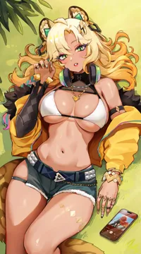 1girl animal_ears arm_strap bare_shoulders blonde_hair bra bracelet cellphone cutoffs dark_skin foxyreine genshin_impact grass green_eyes hand_up headphones headphones_around_neck jacket jaguar_ears jewelry long_hair long_sleeves looking_at_viewer mavuika__genshin_impact navel open_clothes open_jacket parted_lips phone short_shorts shorts smartphone solo stomach thighs underwear very_long_hair white_bra xilonen__genshin_impact yellow_jacket
