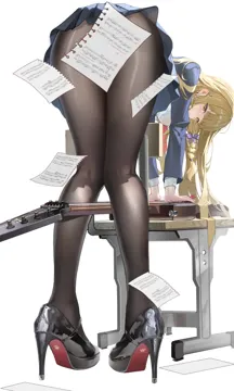 1girl ass bent_over black_pantyhose black_shoes blazer blonde_hair blue_jacket blue_skirt blunt_bangs blush bow braid chair colored_shoe_soles convenient_censoring electric_guitar from_behind full_body guitar hair_bow high_heels holding holding_plectrum instrument jacket kneepits knees_together_feet_apart legs light_frown long_hair looking_at_viewer mary_janes miniskirt musical_staff orange_eyes pantyhose paper pleated_skirt plectrum pumps purple_bow school_chair school_uniform sheet_music shiny_footwear shoe_soles shoes simple_background skirt solo stiletto_heels white_background huade_xiami gakuen_idolmaster idolmaster fujita_kotone__idolmaster
