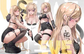 1girl arm_ribbon arm_warmers barcode barcode_tattoo belt black_belt black_bra black_skirt black_thighhighs blonde_hair blush boots bra braid breasts chain chain_around_arm earrings fishnet_top fishnets gun hair_ornament holding holding_gun holding_weapon jewelry long_hair multiple_views nail_polish pink_eyes platform_boots platform_footwear ribbon side_braid single_arm_warmer single_fishnet_legwear skirt snake squatting studded_belt tattoo thigh_strap thighhighs trigger_discipline underwear very_long_hair weapon white_background x_hair_ornament keyokku