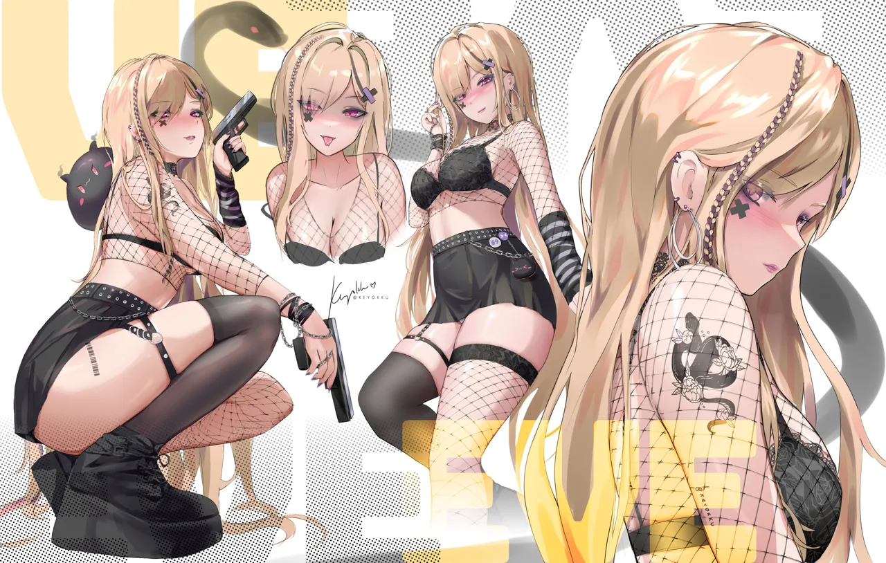 1girl arm_ribbon arm_warmers barcode barcode_tattoo belt black_belt black_bra black_skirt black_thighhighs blonde_hair blush boots bra braid breasts chain chain_around_arm earrings fishnet_top fishnets gun hair_ornament holding holding_gun holding_weapon jewelry long_hair multiple_views nail_polish pink_eyes platform_boots platform_footwear ribbon side_braid single_arm_warmer single_fishnet_legwear skirt snake squatting studded_belt tattoo thigh_strap thighhighs trigger_discipline underwear very_long_hair weapon white_background x_hair_ornament keyokku