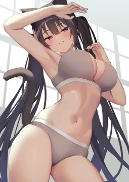 1girl animal_ears arm_up armpits black_hair black_tail blush bra breasts cat_ears cat_girl cat_tail cleavage cowboy_shot dutch_angle fingernails from_below grey_background grey_bra grey_panties hand_up indoors large_breasts linea_alba long_fingernails long_hair looking_at_viewer mintice__asatsukimint nail_polish navel panties parted_lips purple_eyes purple_nails skindentation smile solo standing stomach tail tail_raised thighs twintails underwear underwear_only very_long_hair window