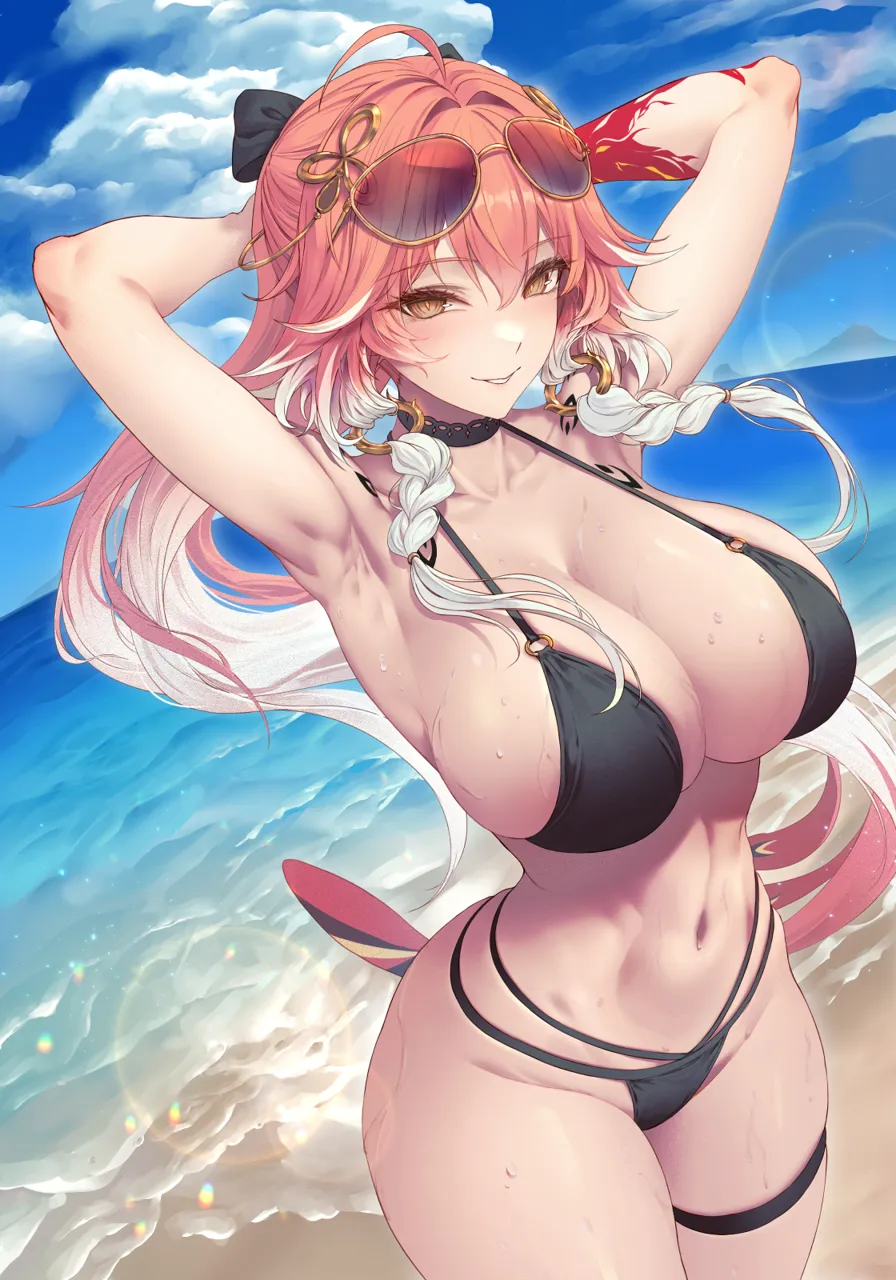 1girl ahoge alternate_costume armpits arms_behind_head arms_up beach bikini black_bikini black_bow black_choker blush body_markings bow braid breasts changli__wuthering_waves choker cleavage collarbone colored_extremities cowboy_shot day eyewear_on_head feather_hair groin hair_between_eyes hair_bow hair_extensions hair_intakes hair_ornament large_breasts limeblock long_hair looking_at_viewer multicolored_hair navel ocean orange_eyes outdoors parted_lips pink_hair presenting_armpit red_hair red_hands ring_hair_extensions sideboob skindentation smile solo standing stomach sunglasses swimsuit thigh_strap thighs twin_braids two_tone_hair very_long_hair water wet white_hair wuthering_waves