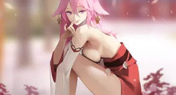 1girl animal_ears back bare_legs bare_shoulders blurry blurry_background breasts cherry_blossoms closed_mouth detached_sleeves earrings eyeshadow feet_out_of_frame fox_ears fox_shadow_puppet hair_between_eyes japanese_clothes jewelry knees_to_chest large_breasts long_hair looking_to_the_side makeup medium_breasts nail_polish nontraditional_miko pink_hair pink_nails purple_eyes sideboob sitting smile solo thighs wide_sleeves midfinger genshin_impact yae_miko__genshin_impact