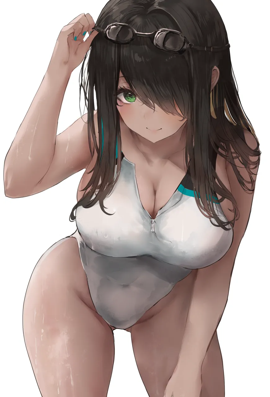 1girl adjusting_eyewear azur_lane bare_arms bare_shoulders black_hair blonde_hair blush breasts cleavage closed_mouth competition_swimsuit covered_navel cowboy_shot eyewear_on_head goggles goggles_on_head green_eyes groin hair_over_one_eye hand_on_eyewear hand_up highleg highleg_one_piece_swimsuit large_breasts leaning_forward liaowen long_hair looking_at_viewer multicolored_hair nail_polish northampton__azur_lane northampton_ii__azur_lane northampton_ii__swimming_star__azur_lane official_alternate_costume one_eye_covered one_piece_swimsuit sidelocks simple_background smile solo swimsuit thighs two_tone_hair wet white_background white_one_piece_swimsuit zipper