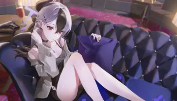 1girl ass black_dress black_hair black_horns breasts collarbone cup demon_horns dress feet_out_of_frame grey_halo grey_jacket gun hair_between_eyes halo horns indoors jacket long_hair long_sleeves multicolored_hair official_alternate_costume open_clothes open_jacket open_mouth red_eyes sitting small_breasts solo weapon white_hair flatshi blue_archive kayoko__blue_archive kayoko__dress__blue_archive