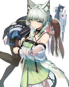 3girls animal_ear_fluff animal_ears black_collar black_hair black_jacket black_pantyhose blue_eyes blue_skirt blush brown_hair carrying carrying_over_shoulder carrying_person cat_ears cat_girl clipboard coat collar criss_cross_halter detached_sleeves dress feet_out_of_frame gloves green_dress green_eyes green_hair halterneck holding holding_clipboard jacket jewelry long_hair looking_at_another looking_at_viewer looking_back multiple_girls multiple_rings off_shoulder_dress off_shoulder official_alternate_costume open_mouth pantyhose penguin_logistics_logo plaid_clothes plaid_skirt rabbit_ears rabbit_girl red_gloves ribbed_shirt ring see_through_clothes see_through_sleeves shirt skirt stethoscope sweatdrop teeth thighlet upper_teeth_only white_coat white_shirt white_sleeves winter_clothes winter_coat wolf_ears wolf_girl pi__p77777778 arknights amiya__arknights kal_tsit__arknights texas__arknights texas__winter_messenger__arknights