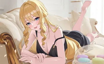 1girl alternate_costume barefoot black_dress blonde_hair blue_eyes blush breasts chaise_longue cleavage couch dress drill_hair drill_sidelocks feet food foot_up full_body genshin_impact indoors jumonji lampshade large_breasts long_hair looking_at_viewer lying macaron navia__genshin_impact on_couch on_stomach open_mouth petals sidelocks sleeveless sleeveless_dress smile soles solo strap_slip toes twin_drills