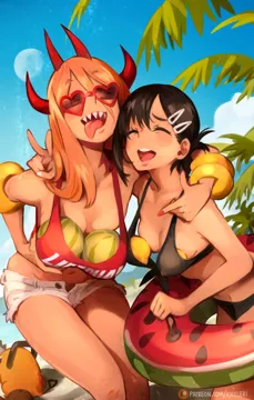 2girls arm_over_shoulder beach bikini black_bikini blonde_hair blue_sky breast_padding breasts chainsaw_man closed_eyes collarbone day demon demon_girl demon_horns dog dutch_angle food friends fruit higashiyama_kobeni horns innertube jewelry khyle lemon mole mole_on_collarbone mole_under_eye mole_under_mouth moon multiple_girls multiple_horns multiple_moles outdoors palm_tree patreon_logo patreon_username pochita__chainsaw_man power__chainsaw_man red_horns red_shirt red_tank_top ring sharp_teeth shirt short_shorts shorts sky small_breasts summer sunglasses swim_ring swimsuit tank_top teeth thighs tongue tongue_out tree watermelon white_shorts
