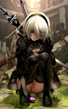 1girl black_boots black_dress black_hairband boots breasts cleavage_cutout closed_eyes closed_mouth clothing_cutout daisy dress feather_trimmed_sleeves flower full_body gloves grass hairband halo headband juliet_sleeves leather leather_boots long_sleeves mole mole_under_mouth no_blindfold panties pantyshot puffy_sleeves ruins short_hair small_breasts solo squatting stone sword thighhighs underwear upskirt weapon white_hair white_panties as109 nier_automata nier__series 2b__nier_automata
