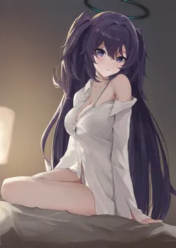 1girl alternate_costume bra breasts cleavage closed_mouth collarbone grey_bra grey_panties hair_between_eyes halo long_hair long_sleeves looking_at_viewer mechanical_halo medium_breasts panties purple_eyes purple_hair shirt solo two_side_up underwear white_shirt jiang_zhuti_jiojio blue_archive yuuka__blue_archive