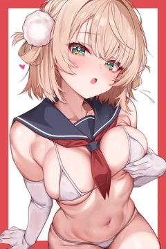 1girl arm_support bikini blue_sailor_collar blush border breasts brown_hair elbow_gloves flying_sweatdrops furrowed_brow gloves grabbing_own_breast green_eyes hair_ornament hair_rings heart medium_breasts looking_at_viewer micro_bikini navel neckerchief open_mouth outside_border pom_pom__clothes pom_pom_hair_ornament red_border red_neckerchief sailor_collar shiny_skin sitting skindentation solo stomach string_bikini swimsuit underboob virtual_youtuber white_background white_bikini white_gloves amaki_daisuke shigure_ui