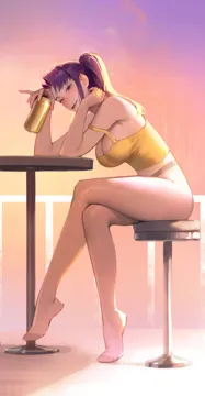 1girl beer_can breasts can crop_top crossed_legs drink_can elbows_on_table full_body holding holding_can katsuragi_misato large_breasts legs limart long_hair looking_at_viewer neon_genesis_evangelion no_shoes open_mouth pantyhose ponytail purple_eyes purple_hair smile solo strap_slip tank_top yellow_tank_top