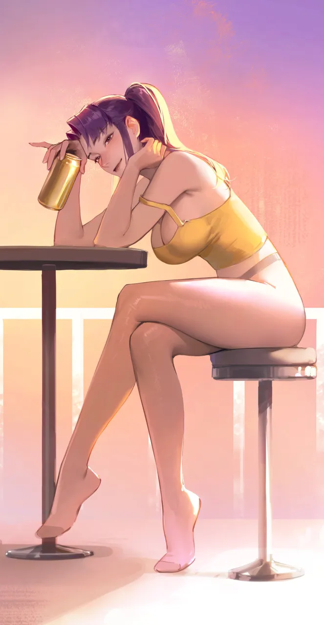 1girl beer_can breasts can crop_top crossed_legs drink_can elbows_on_table full_body holding holding_can katsuragi_misato large_breasts legs limart long_hair looking_at_viewer neon_genesis_evangelion no_shoes open_mouth pantyhose ponytail purple_eyes purple_hair smile solo strap_slip tank_top yellow_tank_top