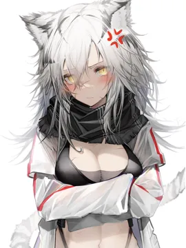 1girl anger_vein angry animal_ears black_scarf blush breasts cleavage closed_mouth cosplay eyes_visible_through_hair hair_between_eyes long_hair long_sleeves looking_at_viewer medium_breasts navel scar scar_on_breasts scarf schwarz__arknights__cosplay simple_background solo tail tiger_ears tiger_tail upper_body white_background white_hair yellow_eyes tab_head arknights indra__arknights schwarz__arknights