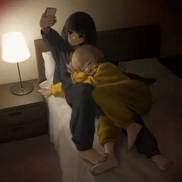 2girls arm_up barefoot bed bed_sheet black_hair blonde_hair cellphone closed_mouth cuddling drawer drooling feet full_body holding holding_phone indoors lamp long_hair long_sleeves looking_at_phone lying_on_person multiple_girls on_bed open_mouth outstretched_arm pajamas phone pillow selfie short_hair sitting sleeping smartphone smile toes yuri songchuan_li lycoris_recoil inoue_takina__lycoris_recoil nishikigi_chisato__lycoris_recoil