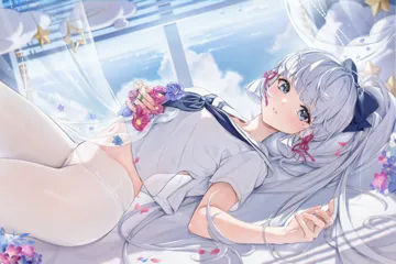 1girl alternate_costume blue_bow blue_eyes blue_flower blue_neckerchief blue_sky blunt_tresses blush bow breasts cloud cowboy_shot crop_top curtain_grab curtains day dutch_angle flower flower_knot from_side genshin_impact grey_hair hair_bow hair_ribbon hair_spread_out hand_on_own_chest high_ponytail holding holding_flower houkisei indoors kamisato_ayaka long_hair looking_at_viewer looking_to_the_side lying medium_breasts midriff mole mole_under_eye navel neckerchief on_back panties panties_under_pantyhose pantyhose parted_lips petals pink_flower pink_ribbon ponytail purple_flower purple_rose ribbon rose sailor_collar school_uniform see_through_clothes see_through_silhouette serafuku shirt short_sleeves sky solo star__symbol stomach thighs tress_ribbon underwear very_long_hair white_flower white_panties white_pantyhose white_sailor_collar white_shirt window window_blinds
