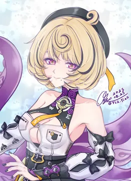 1girl bare_shoulders black_hair black_hat black_nails blonde_hair breasts cleavage cleavage_cutout clothing_cutout cowlick detached_sleeves hat long_sleeves looking_at_viewer medium_breasts mole mole_under_mouth multicolored_hair nail_polish purple_eyes short_hair smile solo streaked_hair tentacles upper_body y_l_q zenless_zone_zero yidhari__zenless_zone_zero