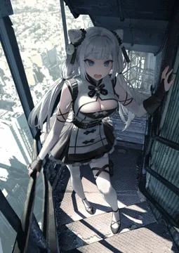 1girl asymmetrical_gloves blue_eyes breasts bridal_gauntlets city cleavage_cutout clothing_cutout cone_hair_bun double_bun dress elbow_gloves fingerless_gloves gloves grey_hair hair_bun large_breasts long_hair looking_at_viewer mismatched_gloves open_mouth pantyhose single_bridal_gauntlet single_fingerless_glove sleeveless sleeveless_dress twintails white_pantyhose xzu